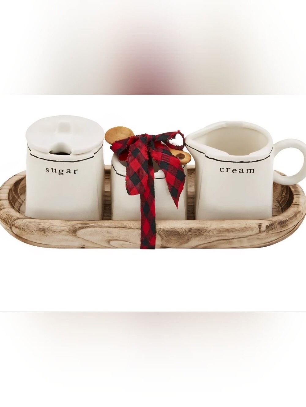 NWT Mud Pie White Ceramic Sugar & Cream Set with Red Plaid Ribbon